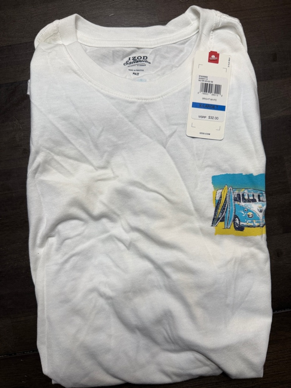 Izod White Short Sleeve Tee with Blue and Yellow Surf Graphic